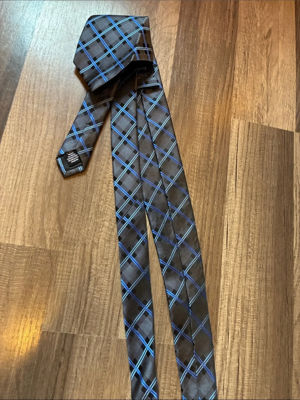 croft & barrow Black Tie with Blue Windowpane Plaid- Silk blend